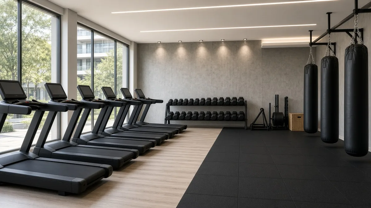 Gimnasio moderno con caminadoras, pesas y zona de entrenamiento funcional, sin logotipos