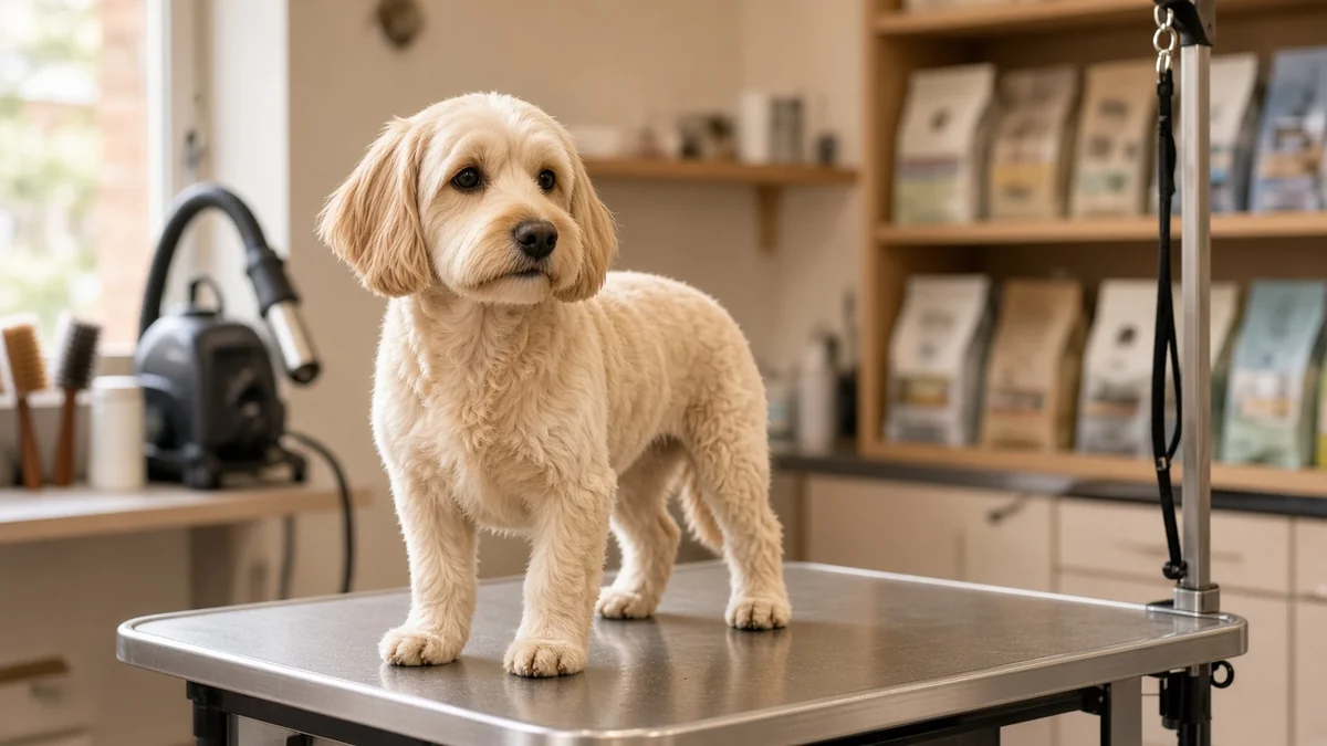 Perro mediano recién bañado sobre una mesa de estética canina con cepillos y secadora al fondo