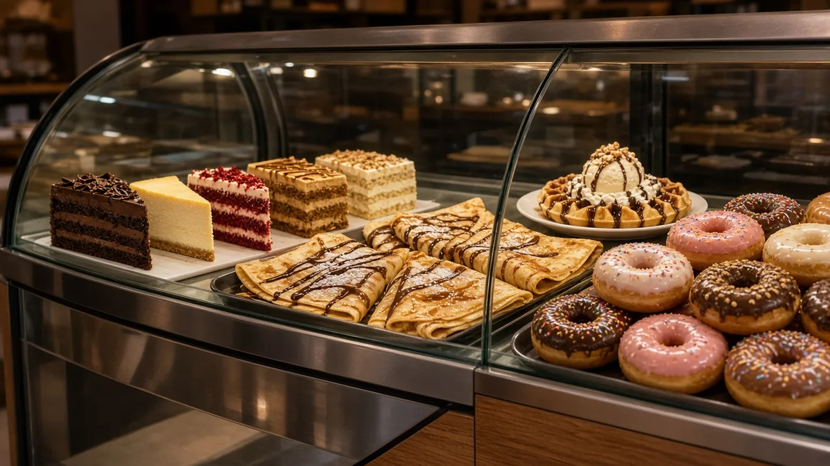 Vitrina de postres con pasteles, crepas, waffles con helado y donas en un local moderno