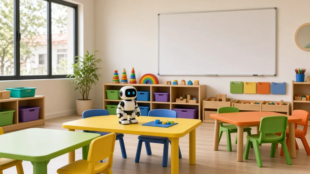 Salón de clases infantil con mesas pequeñas, material didáctico y pizarrón, sin logotipos