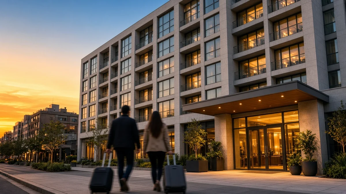 Fachada de un hotel urbano moderno de varios pisos con entrada iluminada al atardecer, sin letreros ni marcas