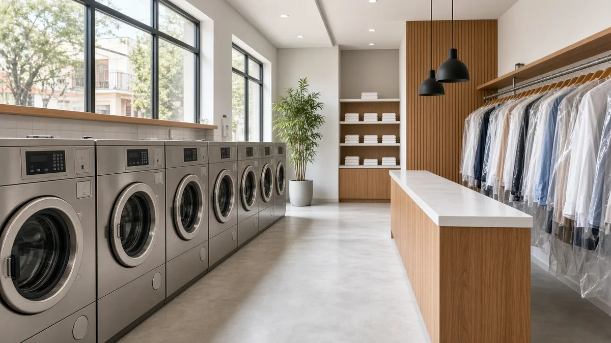 Interior de lavandería moderna con lavadoras industriales y ropa colgada en ganchos, sin logotipos