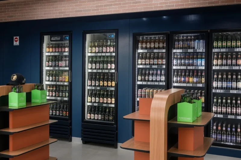 Interior de una tienda de cerveza con refrigeradores iluminados y exhibidores de madera