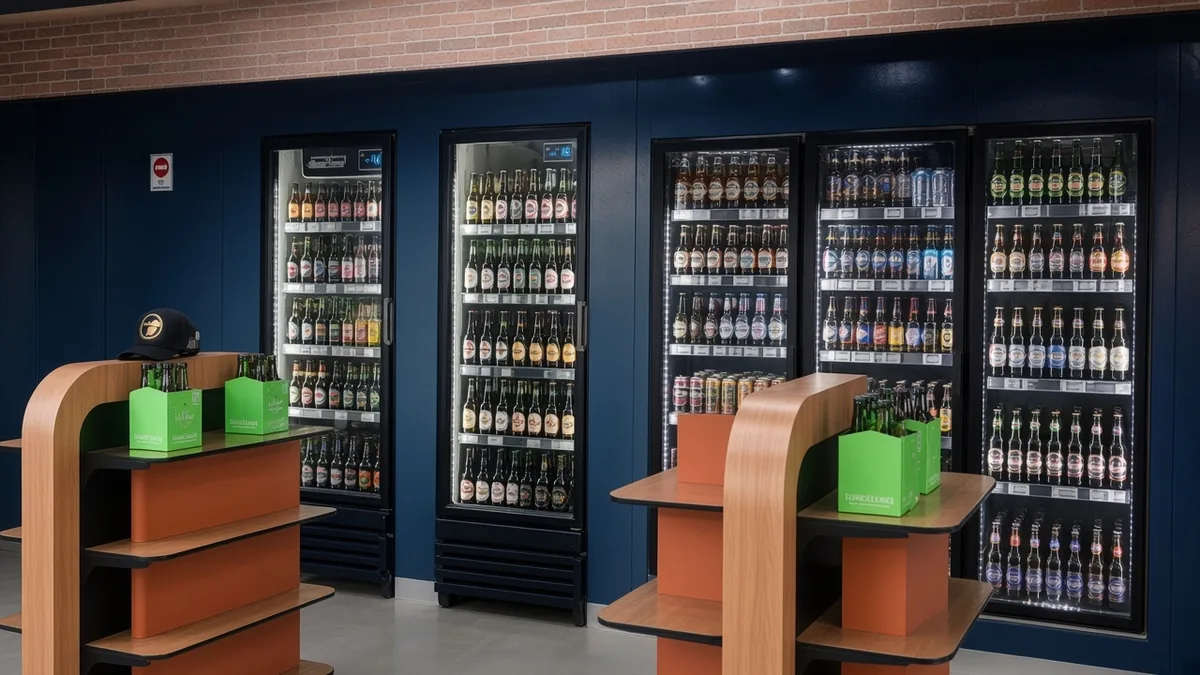 Interior de una tienda de cerveza con refrigeradores iluminados y exhibidores de madera